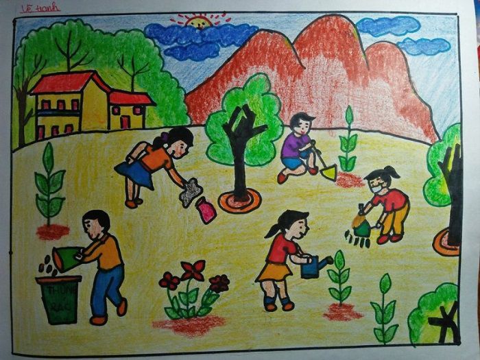 vẽ tranh cuộc sống quanh em đơn giản học sinh trồng cây