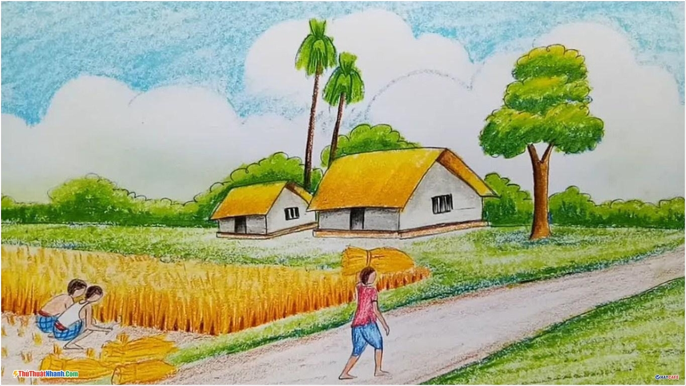 Tranh sơn dầu đồng quê vẽ cảnh ngày mùa gặt lúa AmiA TSD 242