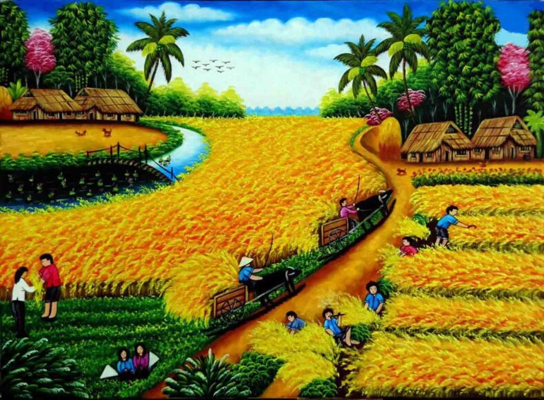 vẽ tranh phong cảnh thôn quê mùa gặt lúa đẹp