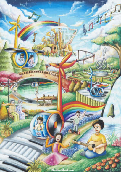 Vẽ tranh thế giới tương lai tươi đẹp, vui vẻ