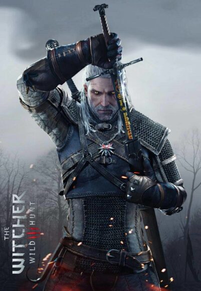 Hình nền The Witcher cho điện thoại rút kiếm có chữ