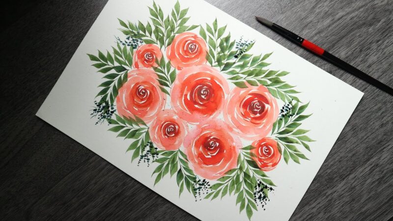 tranh vẽ hoa hồng và lá cực đơn giản bằng màu nước