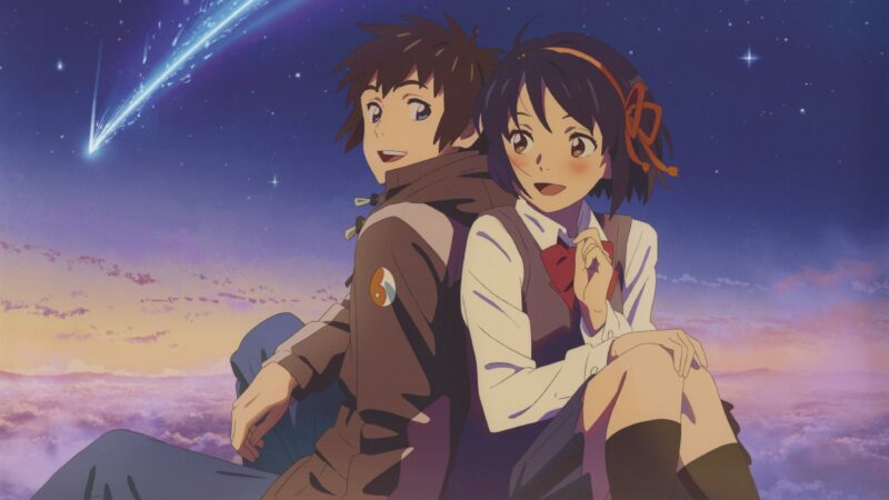 Hình Your Name Mitsuha ngồi dựa bên cạnh Taki