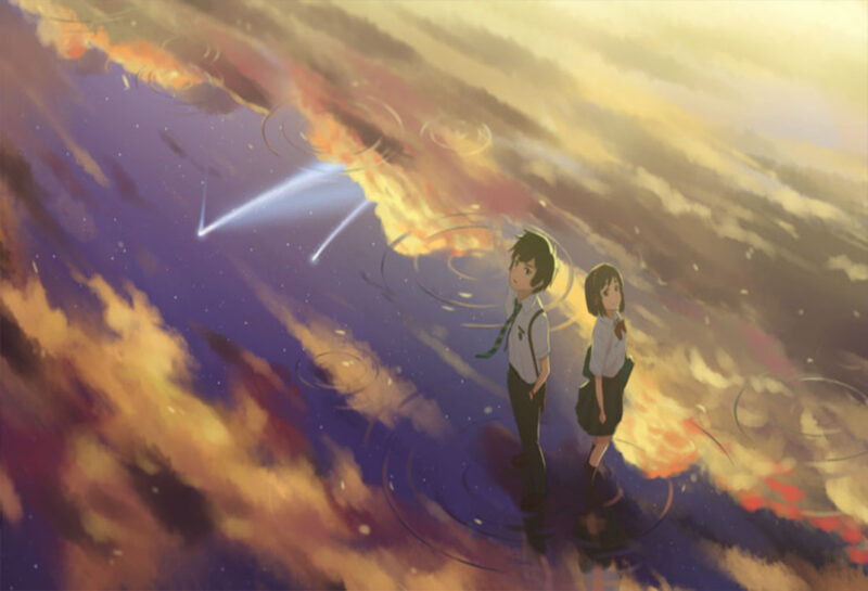 Hình Your Name Taki - Mitsuha đứng giữa không gian