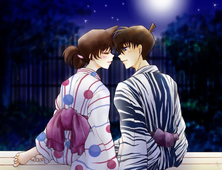 Hình ảnh Shinichi và Ran hôn nhau mặc kimono