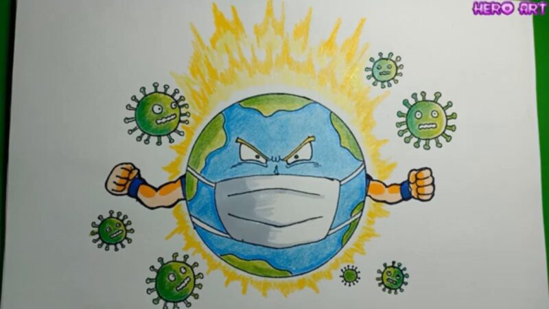 Tranh vẽ Trái Đất đeo khẩu trang vô địch