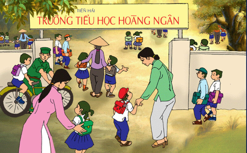 Tranh vẽ cổng trường nhộn nhịp các em học sinh đến trường