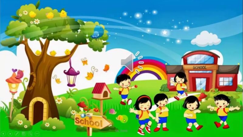 Tranh vẽ cổng trường nhộn nhịp các em học sinh vui vẻ lúc tan trường