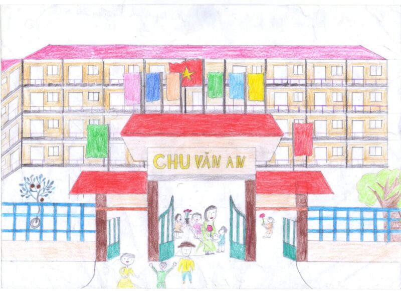 Tranh vẽ cổng trường nhộn nhịp cô và trò