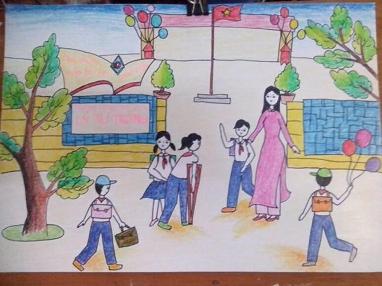Tranh vẽ cổng trường nhộn nhịp cô và trò gặp nhau