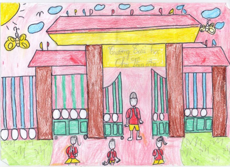 Tranh vẽ cổng trường nhộn nhịp cực đơn giản