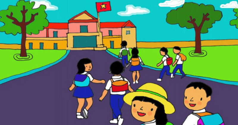 Tranh vẽ cổng trường nhộn nhịp đẹp