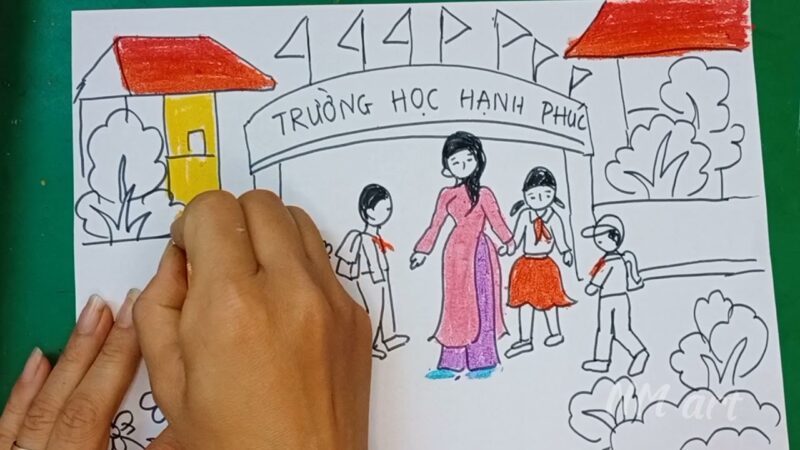 Tranh vẽ cổng trường nhộn nhịp đẹp đơn giản