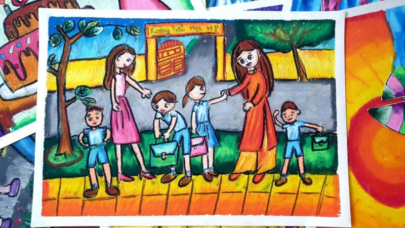 Tranh vẽ cổng trường nhộn nhịp đẹp nhất