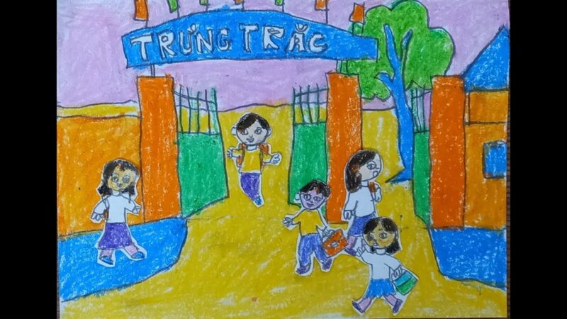 Tranh vẽ cổng trường nhộn nhịp đơn giản