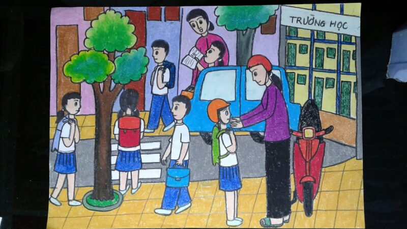 Tranh vẽ cổng trường nhộn nhịp giờ tan trường