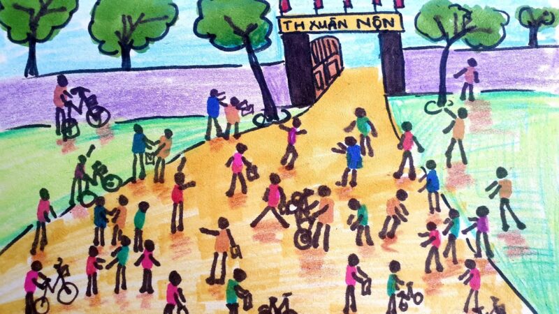 Tranh vẽ cổng trường nhộn nhịp khi các em đến trường