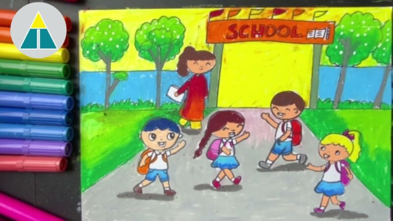 Tranh vẽ cổng trường nhộn nhịp lúc đến trường