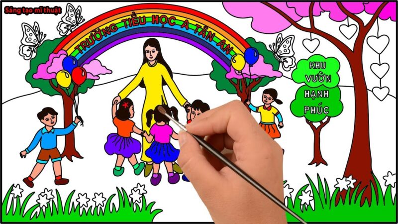 Tranh vẽ cổng trường nhộn nhịp trường mầm non A Tân An