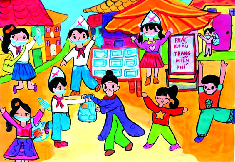 Tranh vẽ đeo khẩu trang, phát khẩu trang miễn phí