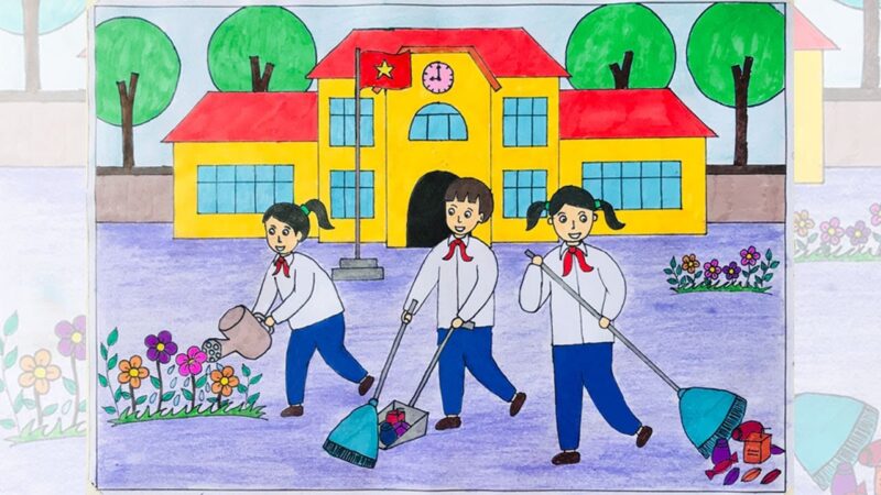 Tranh vẽ trường học hạnh phúc giữ gìn vệ sinh chung