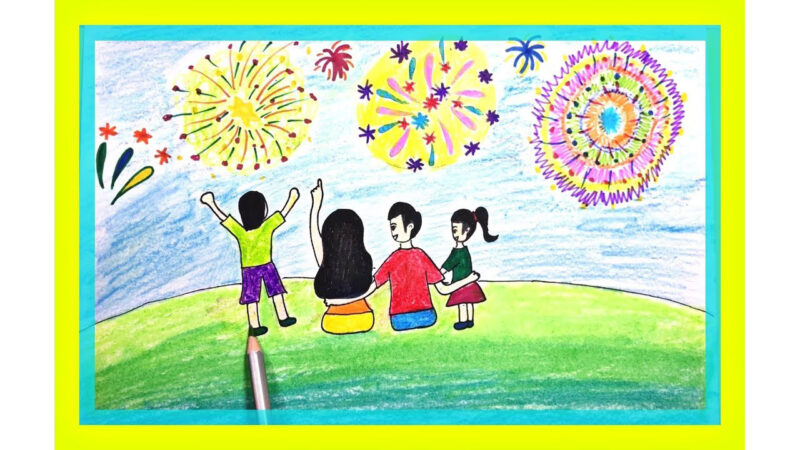 Vẽ tranh đêm giao thừa pháo hoa đơn giản