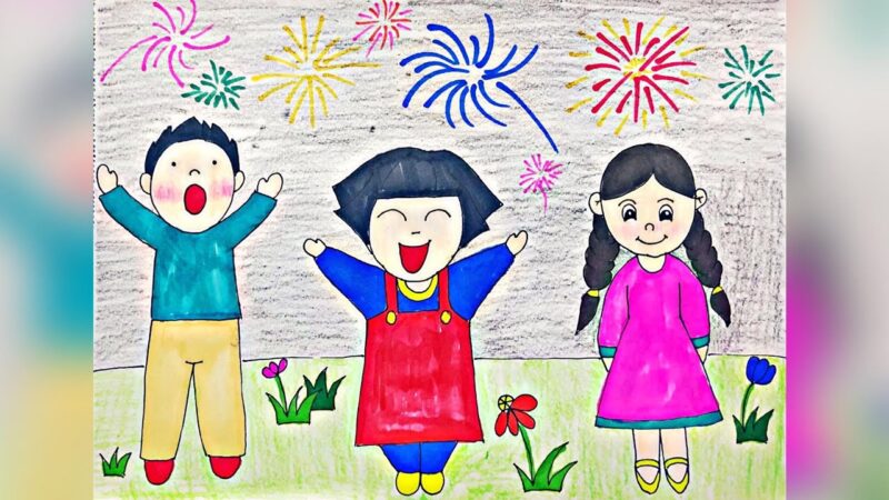 Vẽ tranh đêm giao thừa pháo hoa đơn giản cho bé