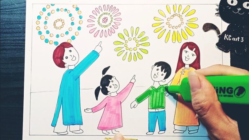 Vẽ tranh đêm giao thừa pháo hoa đơn giản cho bé học vẽ