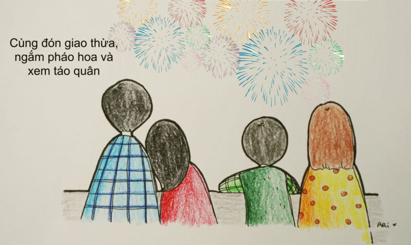 Vẽ tranh đêm giao thừa pháo hoa đơn giản mà ý nghĩa