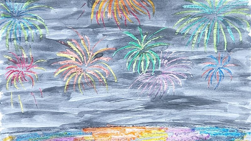 Vẽ tranh đêm giao thừa pháo hoa đơn giản nhất