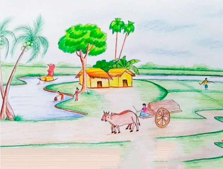 Vẽ tranh đồng quê đơn giản bằng bút màu