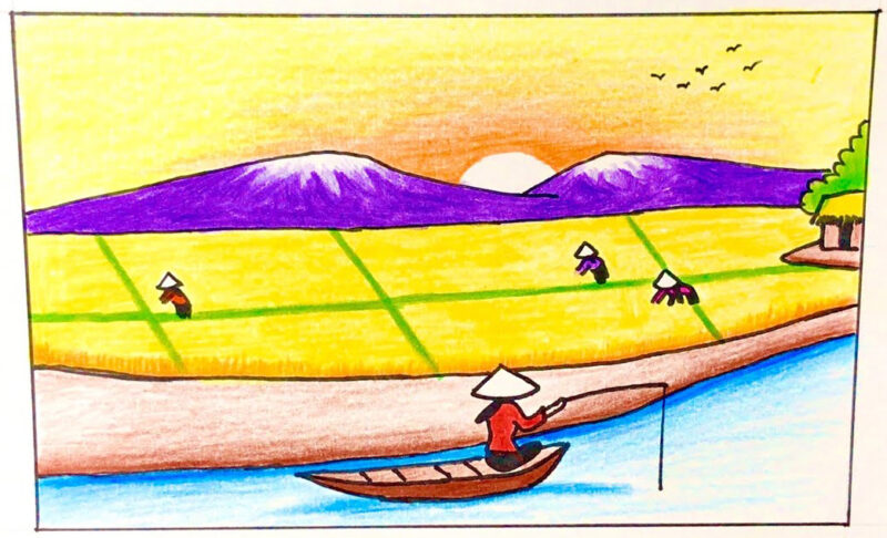 Vẽ tranh đồng quê đơn giản, dễ vẽ nhất