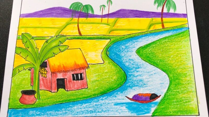 Vẽ tranh đồng quê đơn giản đẹp, dễ vẽ nhất