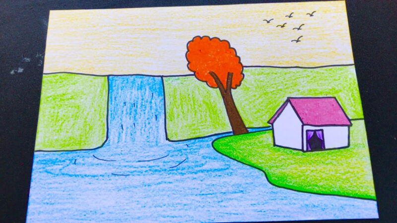 Vẽ tranh đồng quê đơn giản và thác nước