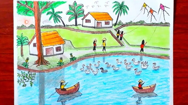 Vẽ tranh phong cảnh làng quê Việt Nam đơn giản