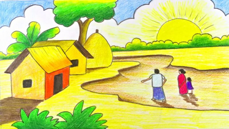 Vẽ tranh quê hương phong cảnh đơn giản dễ vẽ