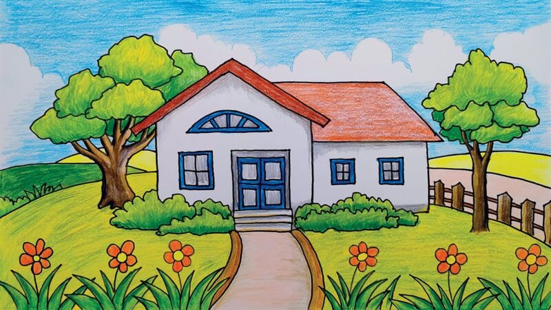 Vẽ tranh quê hương phong cảnh đơn giản dễ vẽ cho học sinh lớp 9