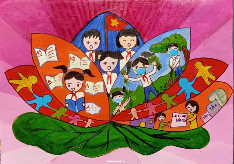 Vẽ tranh thiếu nhi vui khỏe tiến bước lên đoàn đơn giản đẹp nhất