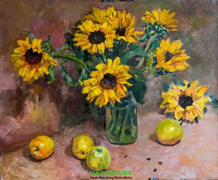 Vẽ tranh tĩnh vật lọ hoa Hướng Dương và quả