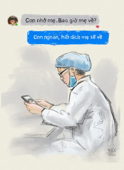 tranh vẽ về bác sĩ chống dịch chấp nhận xa gia đình