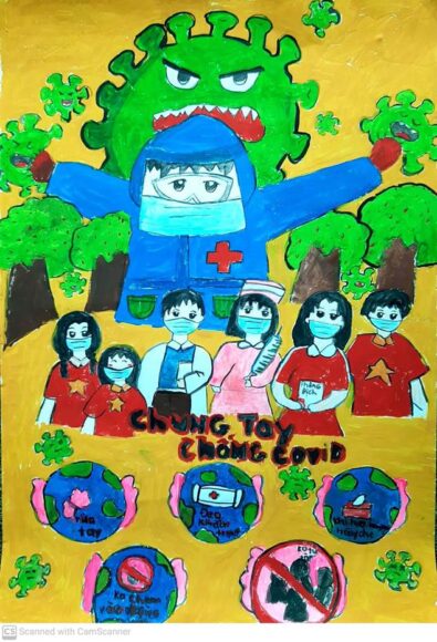 tranh vẽ về bác sĩ chống dịch che chắn bảo vệ trái đất trước dịch bệnh