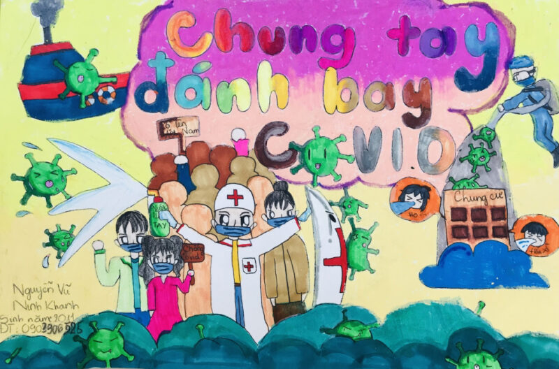 tranh vẽ về bác sĩ chống dịch chung tay đánh bay covid