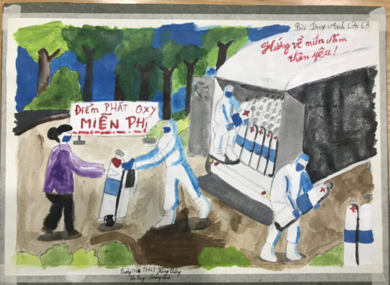 tranh vẽ về bác sĩ chống dịch hỗ trợ người dân bình oxy