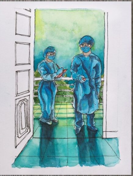 tranh vẽ về bác sĩ chống dịch kiểm tra sức khỏe bệnh nhân