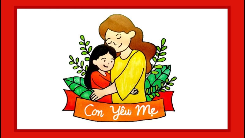 vẽ tranh 8 3 con yêu mẹ viền đỏ