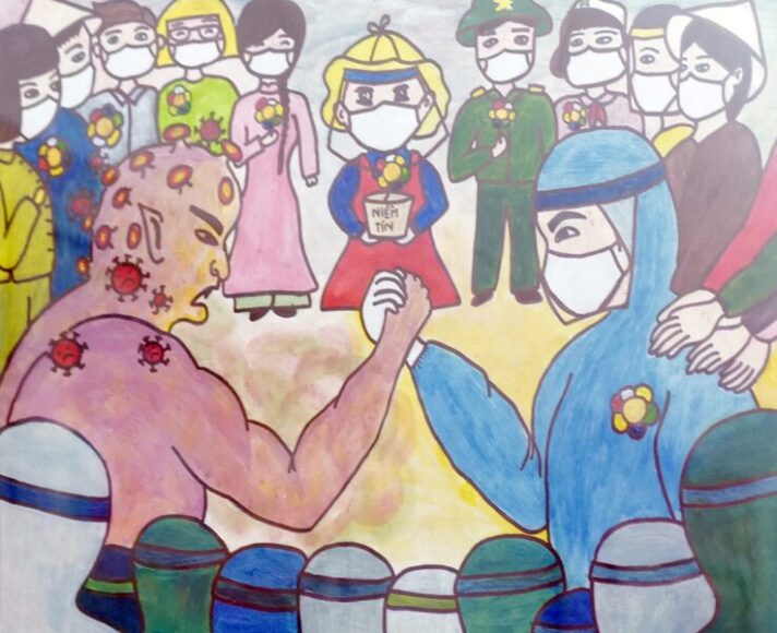vẽ tranh bác sĩ chống dịch quyết chiến đấu với covid