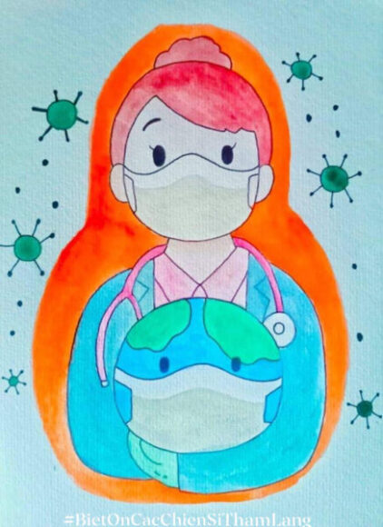 vẽ tranh bác sĩ chống dịch vòng tay ôm lấy trái đất đang ốm