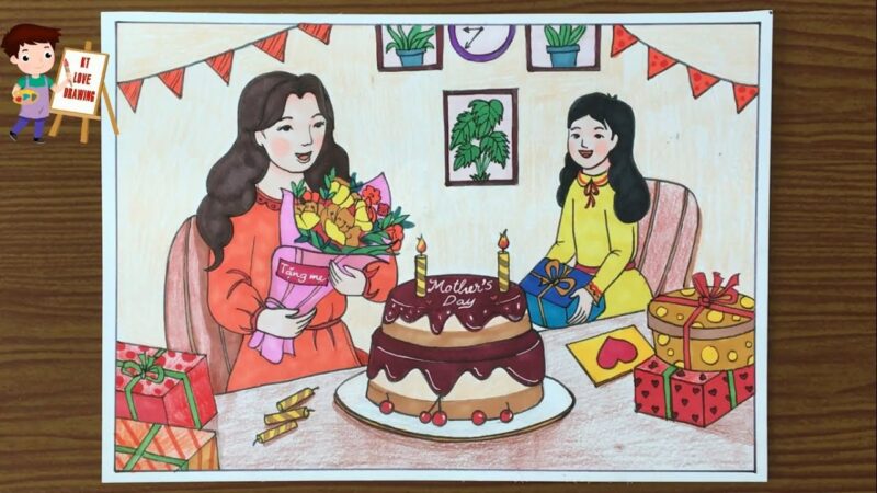 vẽ tranh chủ đề 8 3 tặng mẹ bánh và hoa