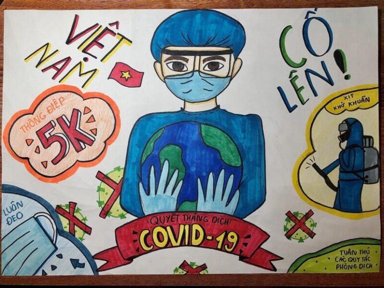 vẽ tranh đề tài bác sĩ chống dịch cổ vũ tinh thần chống lại virus