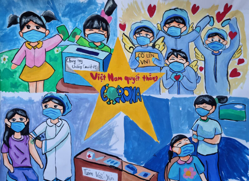 vẽ tranh đề tài bác sĩ chống dịch cùng nhau hành động đẩy lùi dịch bệnh